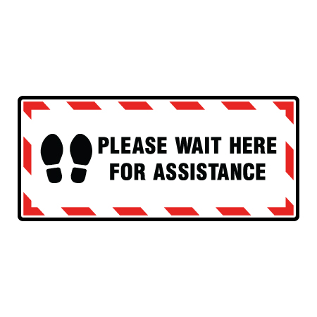 F018 Please Wait Here For Assistance 18" x 8" White & Red Floor Decal