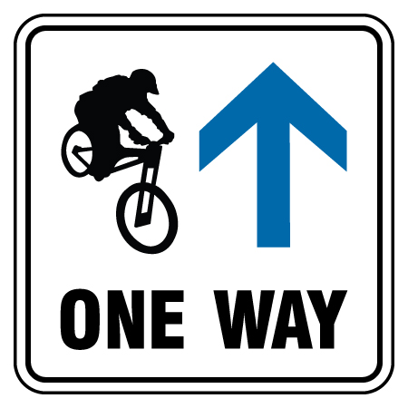 F152 One Way with arrow and down hill biking symbol, white reflective aluminum physical distancing and covid sign with rounded corners - Inter-Mtn.. Click to expand image