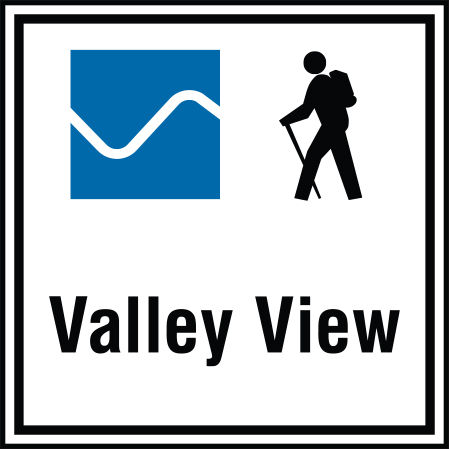 B162 12 x 12, 18 x 18, Blue Hiking Trail Sign, Valley View, coroplast and 12 gauge sign grade aluminum sheeted with top quality, high performance print* or vinyl graphics, direct people in all trail systems, technical, cross-country, freeride, downhill, professional, difficulty levels, choose your symbol, custom, mountain bike risk and liability, safety, summer, trail, downhill.. Click to expand image