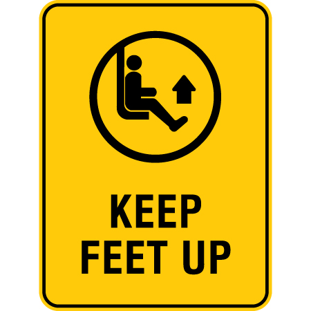 L322 Keep Feet Up 18" x 24" Yellow Reflective Aluminum lift sign for ski areas - produced by Inter-Mtn.. Click to expand image