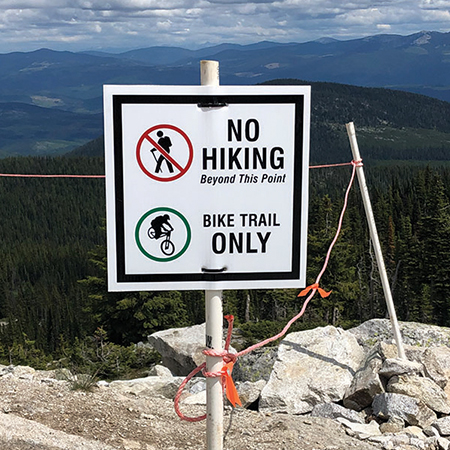 B504, 18 x 18, 12 x 12, no hiking beyond this point, bike trail only, do not drink this water, Mountain bike risk and liability, safety, summer, trail, downhill, available on white or yellow coroplast and 12 gauge sign grade aluminum sheeted with top quality, high performance print* or vinyl graphics.. Click to expand image