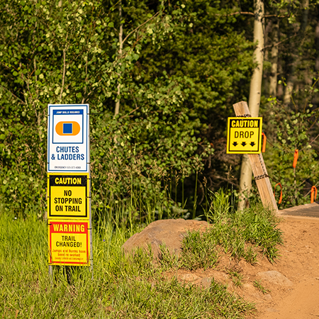 B204 12 x 18, Blue Freeride Mountain Bike Trail Sign, Blue Velvet, Emergency #, coroplast and 12 gauge sign grade aluminum sheeted with top quality, high performance print* or vinyl graphics, direct people in all trail systems, technical, cross-country, freeride, downhill, professional, difficulty levels, choose your symbol, custom, mountain bike risk and liability, safety, summer, trail, downhill.. Click to expand image