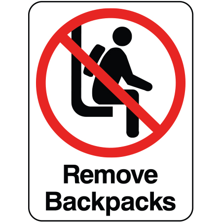 L209 Remove Backpacks 18" x 24" White Reflective Aluminum lift sign for ski areas - produced by Inter-Mtn.. Click to expand image