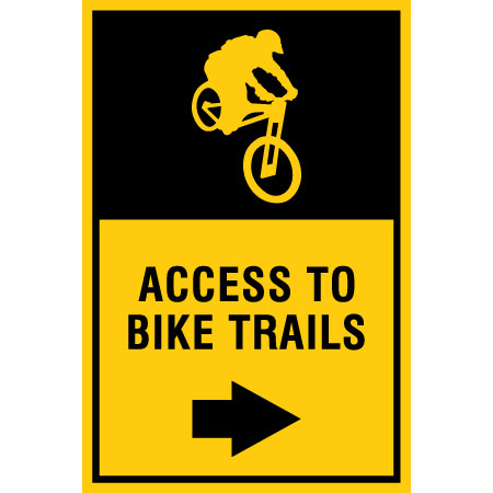 B604, 12 x 18, access to bike trails, Mountain bike risk and liability, safety, summer, trail, downhill, available on white or yellow coroplast and 12 gauge sign grade aluminum sheeted with top quality, high performance print* or vinyl graphics.. Click to expand image