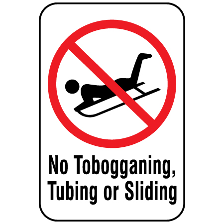 H117 No Tobogganing, Tubing or Sliding 12" x 18" White Reflective Aluminum Sign produced by Inter-Mtn.. Click to expand image