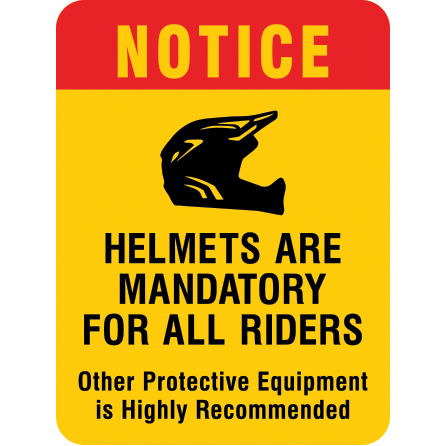 Mountain bike risk and liability signage: Notice helmets are mandatory for all riders. Click to expand image