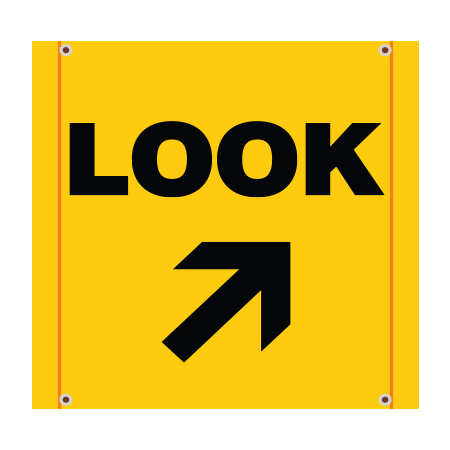 BS01 Look Right, high visibility yellow square mesh banner 30x30, high visibility yellow mesh banner 84x30, tear and mildew resistant high tenacity polyester, coated with fade resistant bright yellow vinyl, grommets and sleeves on sides for bamboo poles. Click to expand image