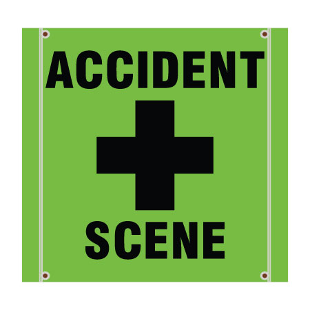 BS09 Accident Scene, high visibility green square mesh banner 30x30, tear and mildew resistant high tenacity polyester, coated with fade resistant high vis green vinyl, grommets and sleeves on sides for bamboo poles. Click to expand image