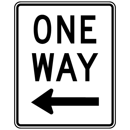 R-008-2 One way direction left arrow, 24 x 30. Reflective aluminum, traffic sign for all parks, recreational facilities, municipal, city, town. Rules and conditions of your specific area, jurisdiction, produced by Inter-Mtn.. Click to expand image