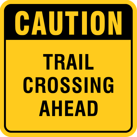 B420, 18 x 18, 12 x 12, caution trail crossing ahead, Mountain bike risk and liability, safety, summer, trail, downhill, available on white or yellow coroplast and 12 gauge sign grade aluminum sheeted with top quality, high performance print* or vinyl graphics.. Click to expand image