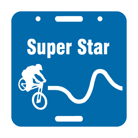 E101, 11.5 x 11.5, mountain bike trail name cross-country, blue square polythylene disc, UV protected and cost effective marking signs, holes on top to hang from rope, slots top and bottom to fit over bamboo poles, trail and ability markers.. Click to expand image