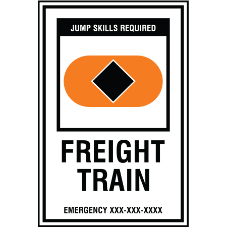 B208 12 x 18, Black Diamond Freeride Mountain Bike Trail Sign, Freight Train, Emergency #, coroplast and 12 gauge sign grade aluminum sheeted with top quality, high performance print* or vinyl graphics, direct people in all trail systems, technical, cross-country, freeride, downhill, professional, difficulty levels, choose your symbol, custom, mountain bike risk and liability, safety, summer, trail, downhill.. Click to expand image