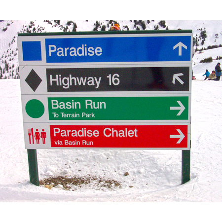 Returned aluminum trail signs by Inter-Mtn. colour coated and symbolled to indicate directions and wayfinding. Click to expand image