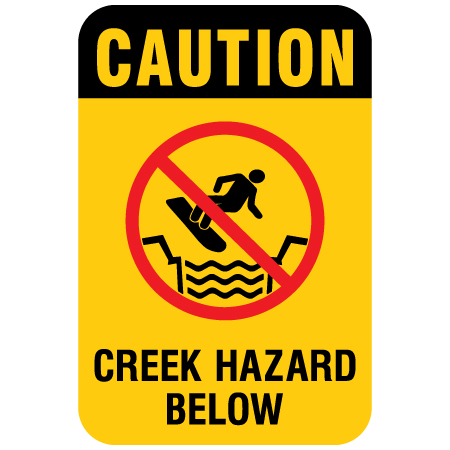 H145 Caution Creek Hazard Below 12" x 18" Yellow Reflective Aluminum Sign produced by Inter-Mtn.. Click to expand image