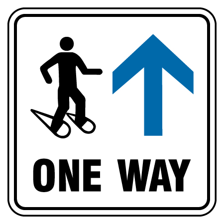 F154 One Way with arrow and snowshoeing symbol, white reflective aluminum physical distancing and covid sign with rounded corners - Inter-Mtn.. Click to expand image
