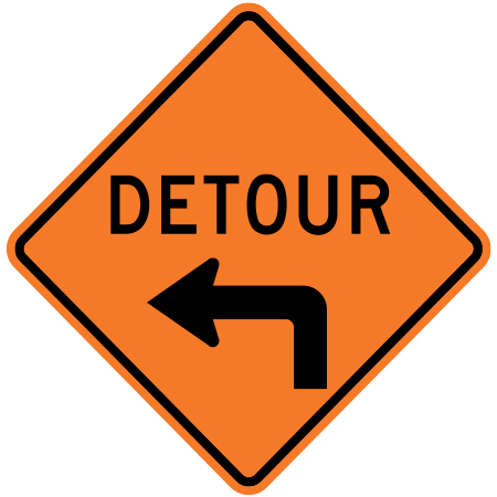 C-006 Left arrow detour, 30 x 30. Reflective aluminum, traffic and construction sign for all parks, recreational facilities, municipal, city, town. Rules and conditions of your specific area, jurisdiction, produced by Inter-Mtn.