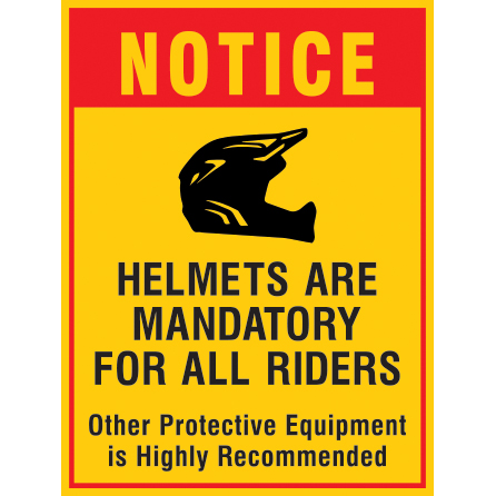 Mountain bike risk and liability signage: Notice helmets are mandatory for all riders