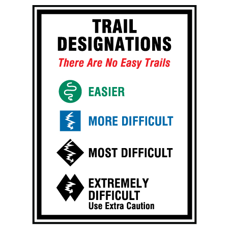 B801 Trail Designations 24 x 36, 12 x 18, 18 x 24, White coroplast, 12 gauge sign grade aluminum sheeted with top quality prismatic reflective, high performance print or vinyl graphics, important information, liability, you assume the risk of injury, mountain bike, bike park, trail sign.. Click to expand image
