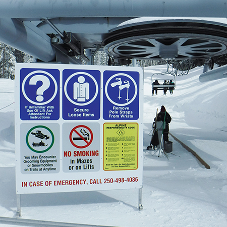 Z01 If Unfamiliar With Use of Lift Ask Attendant For Instructions, Z03 18" x 24" Remove Pole Straps From Wrists, Z11 Secure Loose Items. Blue reflective aluminum CSA - Z98 sign with rounded corners - ski area sign - Inter-Mtn.. Click to expand image