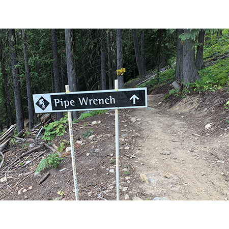 B102 36 x 6, Black Diamond Mountain Bike Trail Sign, Run Name with Arrow. coroplast and 12 gauge sign grade aluminum sheeted with top quality, high performance print* or vinyl graphics, direct people in all trail systems, technical, cross-country, freeride, downhill, professional, difficulty levels, choose your symbol, custom, mountain bike risk and liability, safety, summer, trail, downhill.. Click to expand image