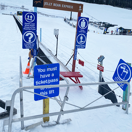 L505 Please Remain Standing with Conveyor Symbol 18" x 24" Blue Reflective Aluminum lift sign for ski areas. Please load when guest ahead of you reaches pylon 18" x 24" Blue Reflective Aluminum lift sign for ski areas - produced by Inter-Mtn.. Click to expand image