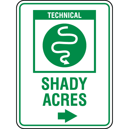 B221 18 x 24, Green Technical Mountain Bike Trail Sign, Shady Acres with Arrow, coroplast and 12 gauge sign grade aluminum sheeted with top quality, high performance print* or vinyl graphics, direct people in all trail systems, technical, cross-country, freeride, downhill, professional, difficulty levels, choose your symbol, custom, mountain bike risk and liability, safety, summer, trail, downhill.. Click to expand image