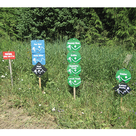 E100 E101 E102 D20, 11.5 x 11.5, mountain bike trail name cross-country, blue square polythylene disc, UV protected and cost effective marking signs, holes on top to hang from rope, slots top and bottom to fit over bamboo poles, trail and ability markers.. Click to expand image