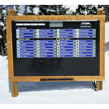 Bringing ski resorts the latest in digital signage and displays. Customized package that can work with your existing structures or incorporate new designs. Real-time updates that can feed directly from ski patrol or mountain operation centres. Smart control data from your tablet, smartphone or laptop.. Click to expand image