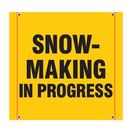Snowmaking in progress square banner in yellow. Click to expand image