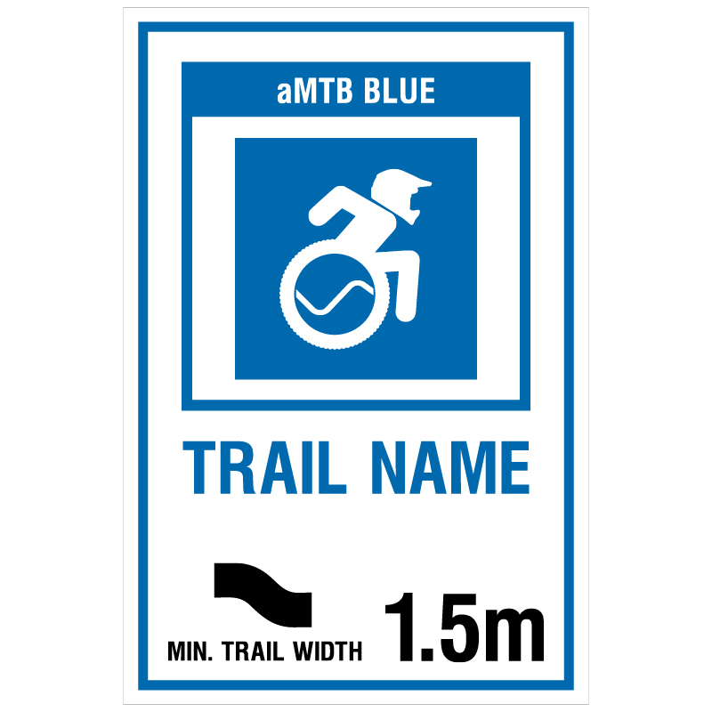 aMTB Blue - Intermediate features and steeper terrain. Signage for adaptive mountain biking technical trails shows trail designation. The aMTB symbol indicates accessibility for adaptive bikes/riders on adaptive bike-friendly aMTB trails on trail networks.