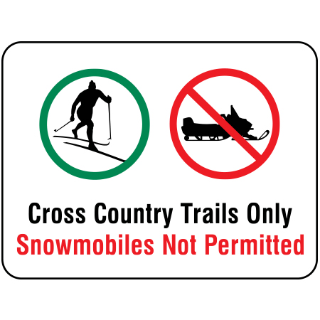 W110 Cross Country Trails Only Snowmobiles Not Permitted 24" x 18", white reflective aluminum nordic sign with rounded corners - ski area sign - Inter-Mtn.. Click to expand image