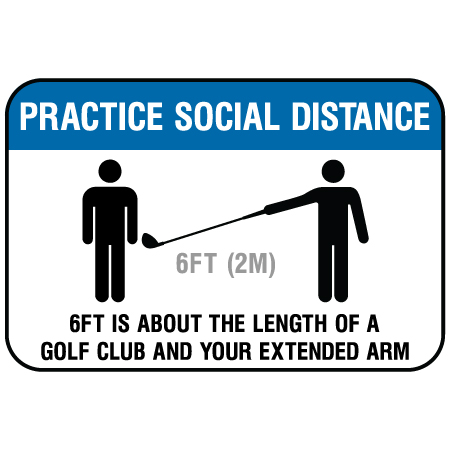 F305 Practice Social Distancing with golfer symbol 12" x 18", white reflective aluminum physical distancing and covid sign with rounded corners - Inter-Mtn.. Click to expand image