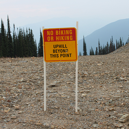 B308, 18 x 18, 12 x 12, no biking or hiking uphill beyond this point, Mountain bike risk and liability, safety, summer, trail, downhill, available on white or yellow coroplast and 12 gauge sign grade aluminum sheeted with top quality, high performance print* or vinyl graphics.. Click to expand image