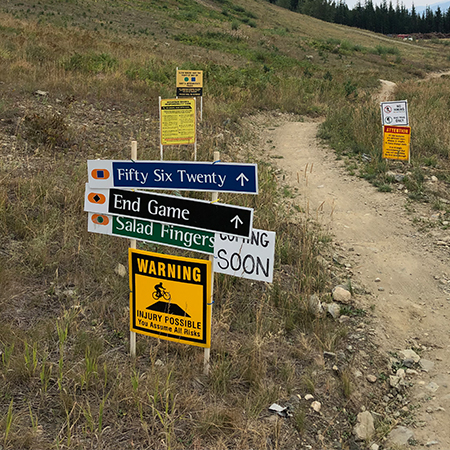 B419, 18 x 18, 12 x 12, warning injury possible, you assume all risk, Mountain bike risk and liability, safety, summer, trail, downhill, available on white or yellow coroplast and 12 gauge sign grade aluminum sheeted with top quality, high performance print* or vinyl graphics.. Click to expand image