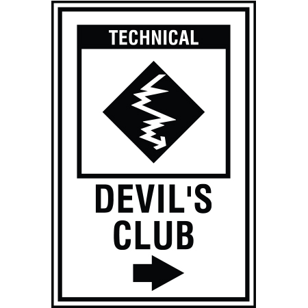 B229 12 x 18, Black Diamond Technical Mountain Bike Trail Sign, Devil's Club with Arrow, coroplast and 12 gauge sign grade aluminum sheeted with top quality, high performance print* or vinyl graphics, direct people in all trail systems, technical, cross-country, freeride, downhill, professional, difficulty levels, choose your symbol, custom, mountain bike risk and liability, safety, summer, trail, downhill.. Click to expand image