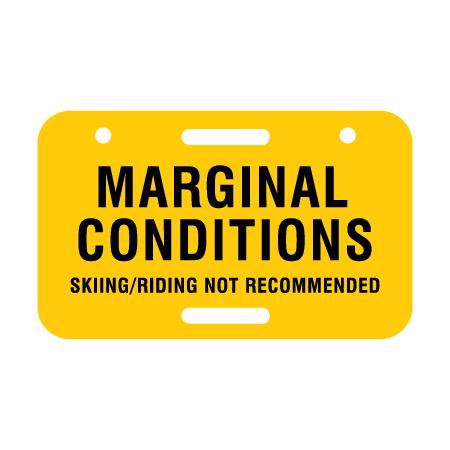 D21 Marginal Conditions Skiing Riding Not Recommended, Yellow Rectangle Discs 11.5 x 7, polythylene disc, UV protected and cost effective marking signs, holes on top to hang from rope, slots top and bottom to fit over bamboo poles, trail and ability markers.. Click to expand image
