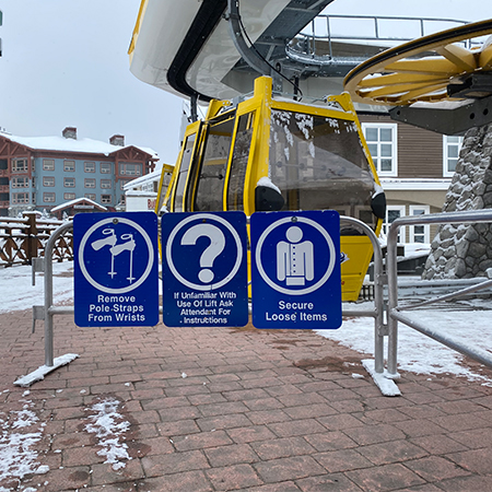 L318 Remove Pole Straps from Wrists, Hold Poles Points Forward 18" x 24" Blue Reflective Aluminum lift sign for ski areas - produced by Inter-Mtn.. Click to expand image