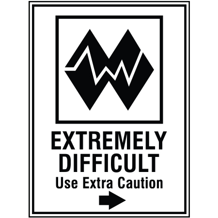 B157 18 x 24, Double Black Diamond Mountain Bike Trail Sign, Extremely Difficult with Arrow, coroplast and 12 gauge sign grade aluminum sheeted with top quality, high performance print* or vinyl graphics, direct people in all trail systems, technical, cross-country, freeride, downhill, professional, difficulty levels, choose your symbol, custom, mountain bike risk and liability, safety, summer, trail, downhill.. Click to expand image