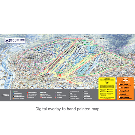 Inter-Mtn.’s graphic artists specialize in custom designing maps that highlight individual ski area features, kid centres, and/or
terrain parks. Using digital printing technology and high-end materials, the maps we supply are durable in the extreme outdoor environments.. Click to expand image