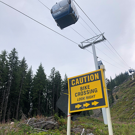 B422, 18 x 18, 12 x 12, caution bike crossing look right, Mountain bike risk and liability, safety, summer, trail, downhill, available on white or yellow coroplast and 12 gauge sign grade aluminum sheeted with top quality, high performance print* or vinyl graphics.. Click to expand image