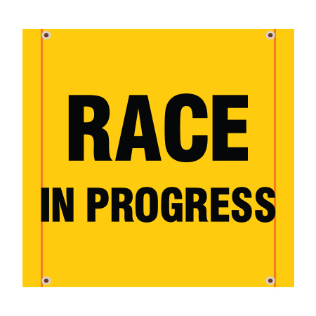 BS10 Race In Progress, high visibility yellow square mesh banner 30x30, high visibility yellow mesh banner 84x30, tear and mildew resistant high tenacity polyester, coated with fade resistant bright yellow vinyl, grommets and sleeves on sides for bamboo poles. Click to expand image