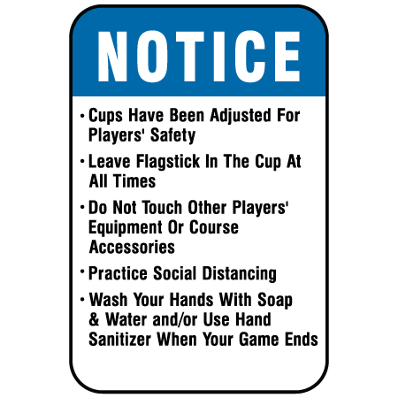 F304 COVID 19 Prevention Measures for Golf 12" x 18", white reflective aluminum physical distancing and covid sign with rounded corners - Inter-Mtn.. Click to expand image
