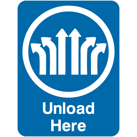 L313 Unload Here with Arrows Pointing Ahead 18" x 24" Blue Reflective Aluminum lift sign for ski areas - produced by Inter-Mtn.. Click to expand image