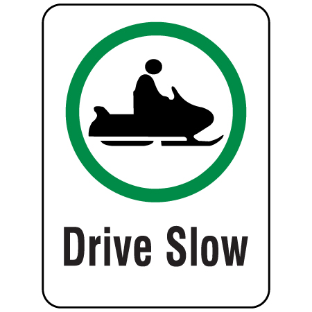 H208 Drive Slow with Snowmobile Symbol 12" x 18" White Reflective Aluminum Sign produced by Inter-Mtn.. Click to expand image