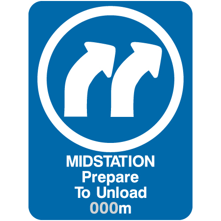 L311 Midstation Prepare to Unload (Right Directional Arrow) Provide distance and arrow direction 18" x 24" Blue Reflective Aluminum lift sign for ski areas - produced by Inter-Mtn.. Click to expand image