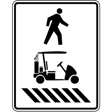 R-111-1 Pedestrian, golf cart, crosswalk, right, 24 x 30. Reflective aluminum, traffic sign for all parks, recreational facilities, municipal, city, town. Rules and conditions of your specific area, jurisdiction, produced by Inter-Mtn.. Click to expand image