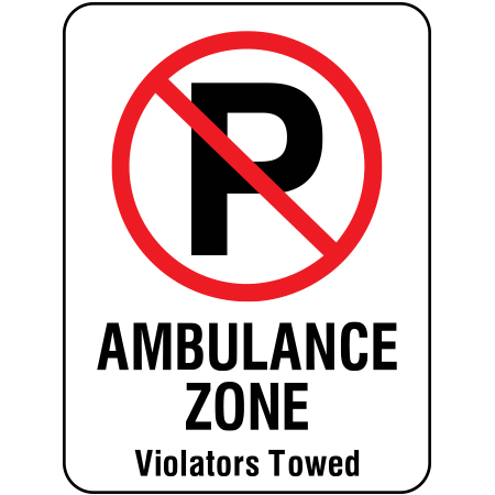 S120 no parking ambulance zone, violators towed, 18 x 24. Reflective aluminum, traffic sign for all parks, recreational facilities, municipal, city, town. Rules and conditions of your specific area, jurisdiction, produced by Inter-Mtn.. Click to expand image