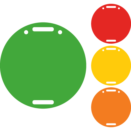 circular polythylene disc, UV protected and cost effective marking signs, holes on top to hang from rope, slots top and bottom to fit over bamboo poles, trail and ability markers, green, red, yellow, and orange.. Click to expand image