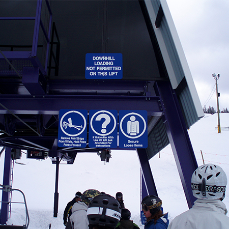 L318 Remove Pole Straps from Wrists, Hold Poles Points Forward 18" x 24" Blue Reflective Aluminum lift sign for ski areas - produced by Inter-Mtn.. Click to expand image