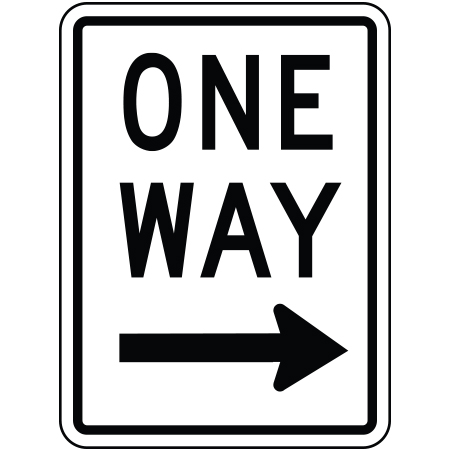 R-008-2 One way direction right arrow, 18 x 24. Reflective aluminum, traffic sign for all parks, recreational facilities, municipal, city, town. Rules and conditions of your specific area, jurisdiction, produced by Inter-Mtn.. Click to expand image